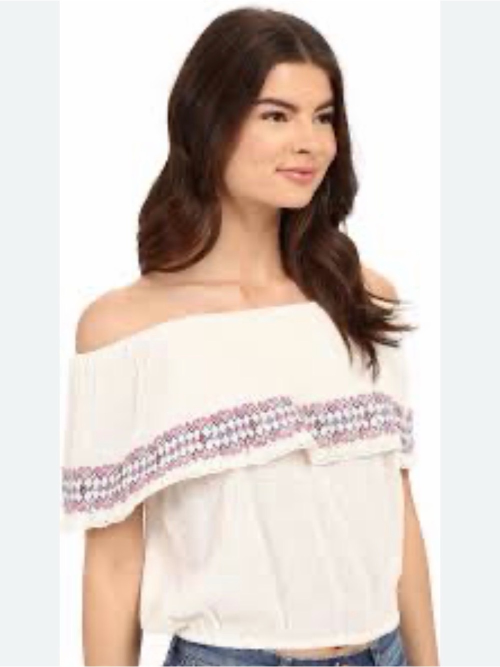 Billabong White Off-Shoulder Tunic with Pink Embroidery